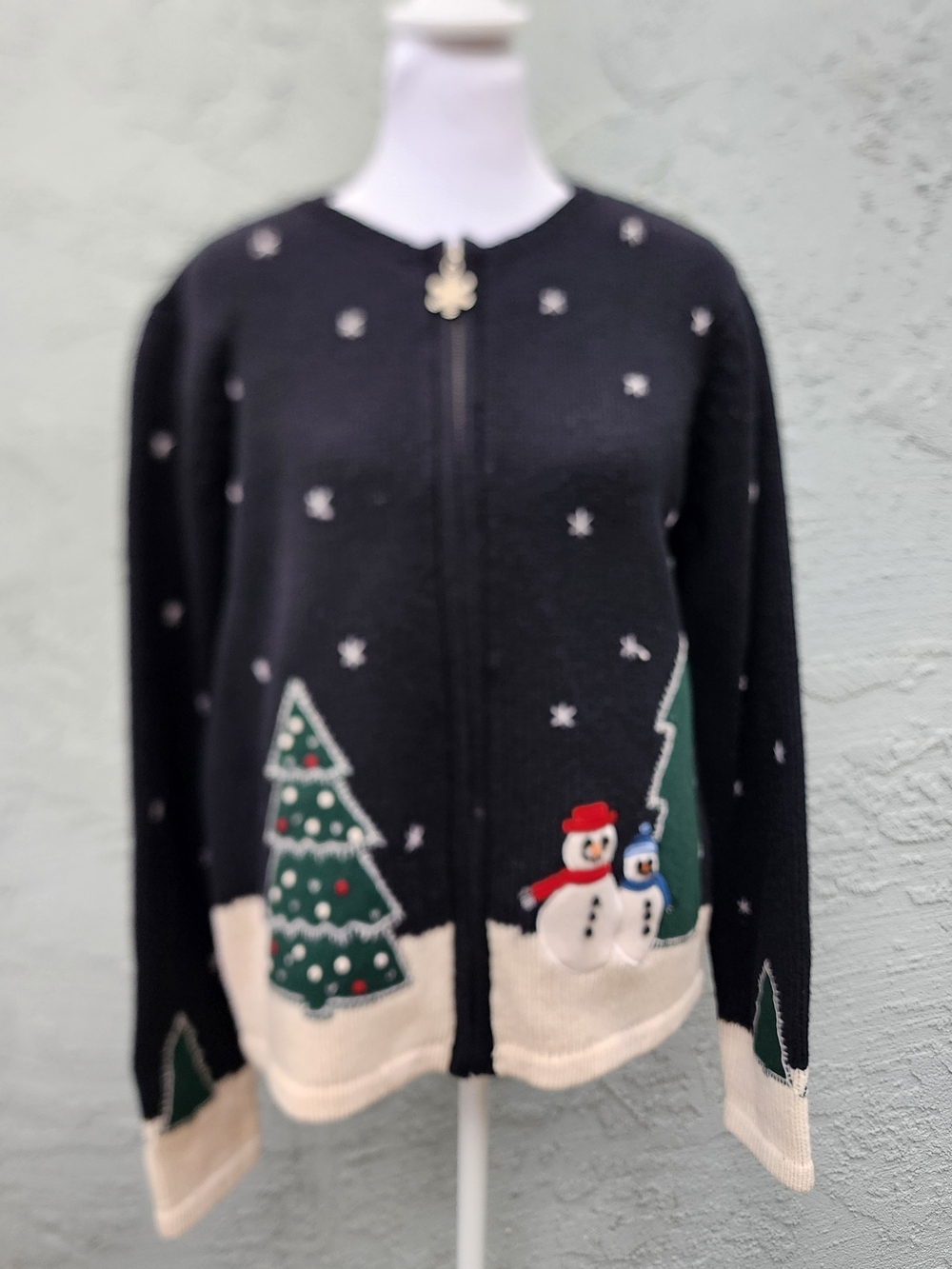 VTG Charter Club 100% Lambswool Christmas Snowman Cardigan Sweater Zip Petite M